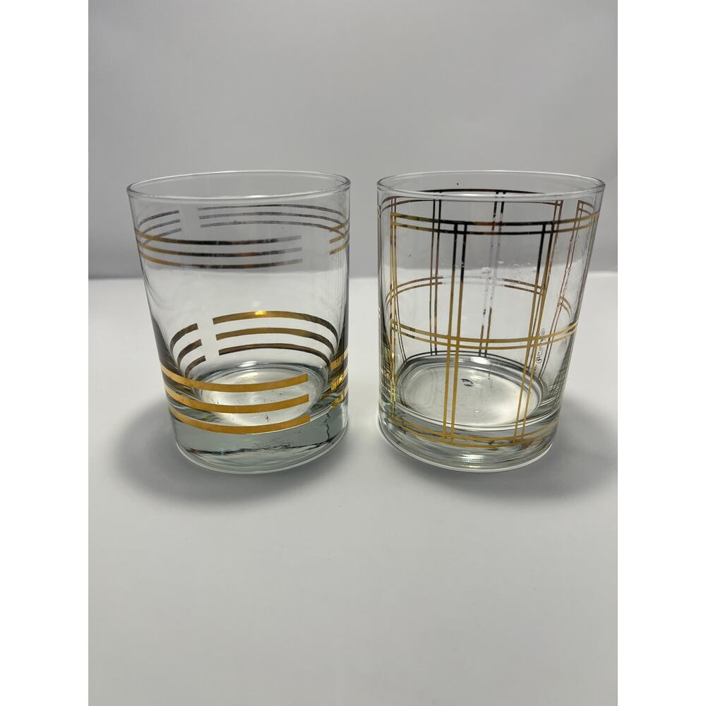 2 Vintage MCM Double Old Fashion Glasses‎ Tumblers with Gold Accents Bourbon